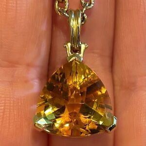 Genuine Antique TrillionCut Yellow 3.81 Carat Topaz Pendant set on 14K Gold Bail
